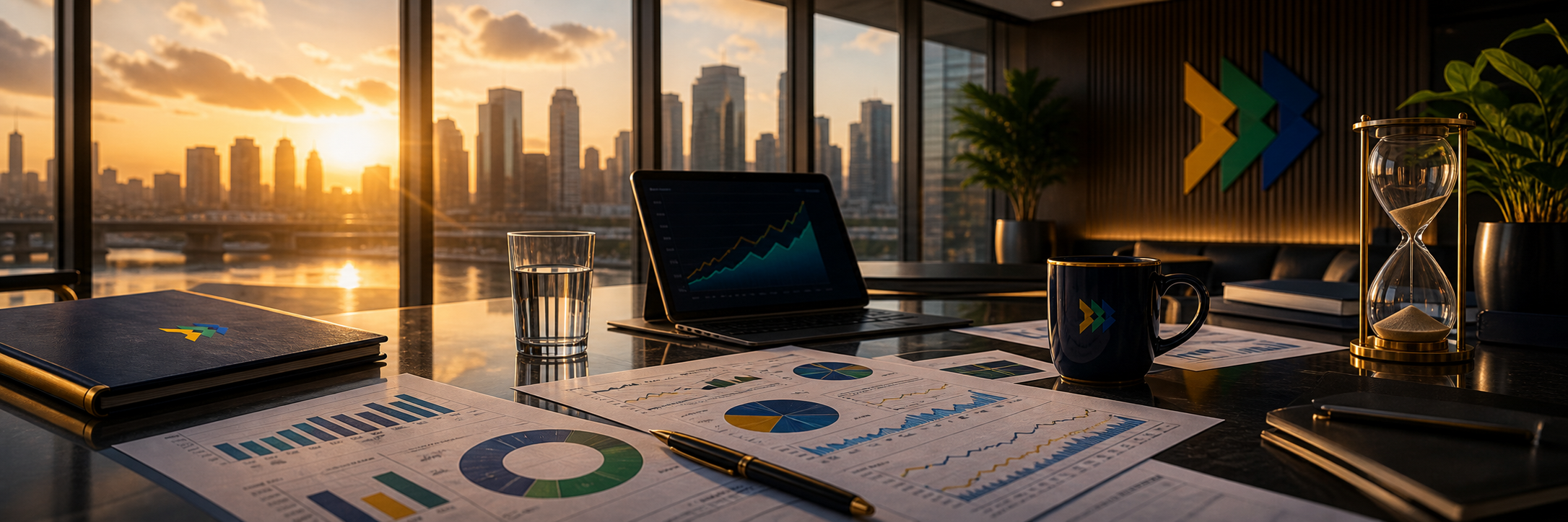 Ambiente executivo com materiais financeiros e skyline ao entardecer